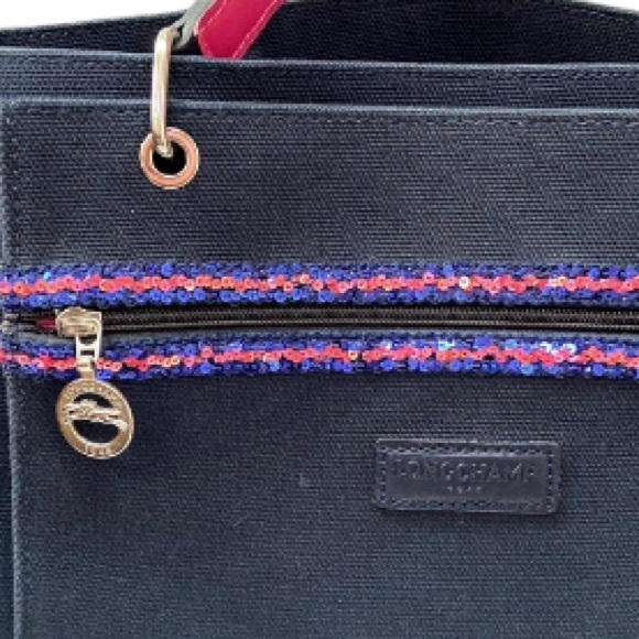 Longchamp Blue Cloth Tote with Sequin Trimmed Attached External Pochette Rare - Picture 9 of 10